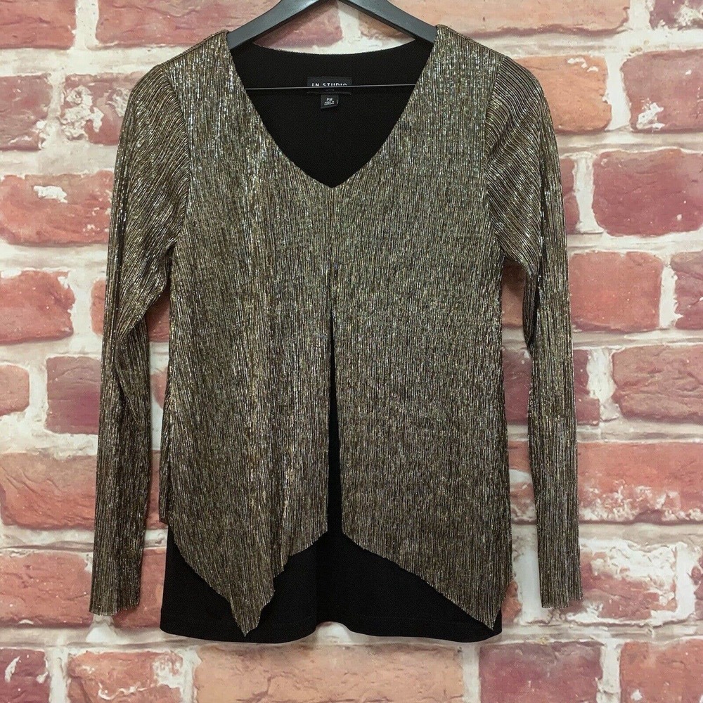 IN STUDIO Top Women's Medium Petite Gold Black Metallic Sparkly Split Blouse
